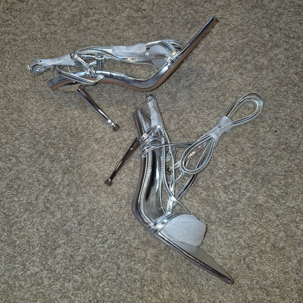 NIB Liliana silver strappy pointed toe, ankle wrap heels sz 7 - Picture 6 of 8